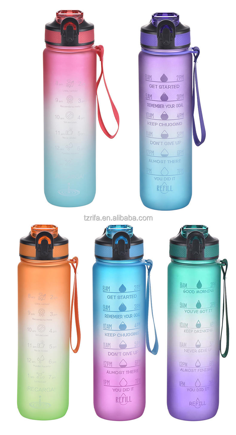 High Quality 1000ml Leakproof Gradient Color Gym Fitness Sports Plastic Water Bottle With Time Marker