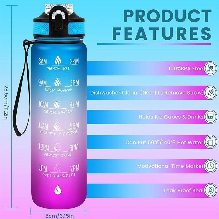 Wholesale Large Capacity Fashion Colorful Time Mark Portable Water Bottles for Summer Outdoor Workout
