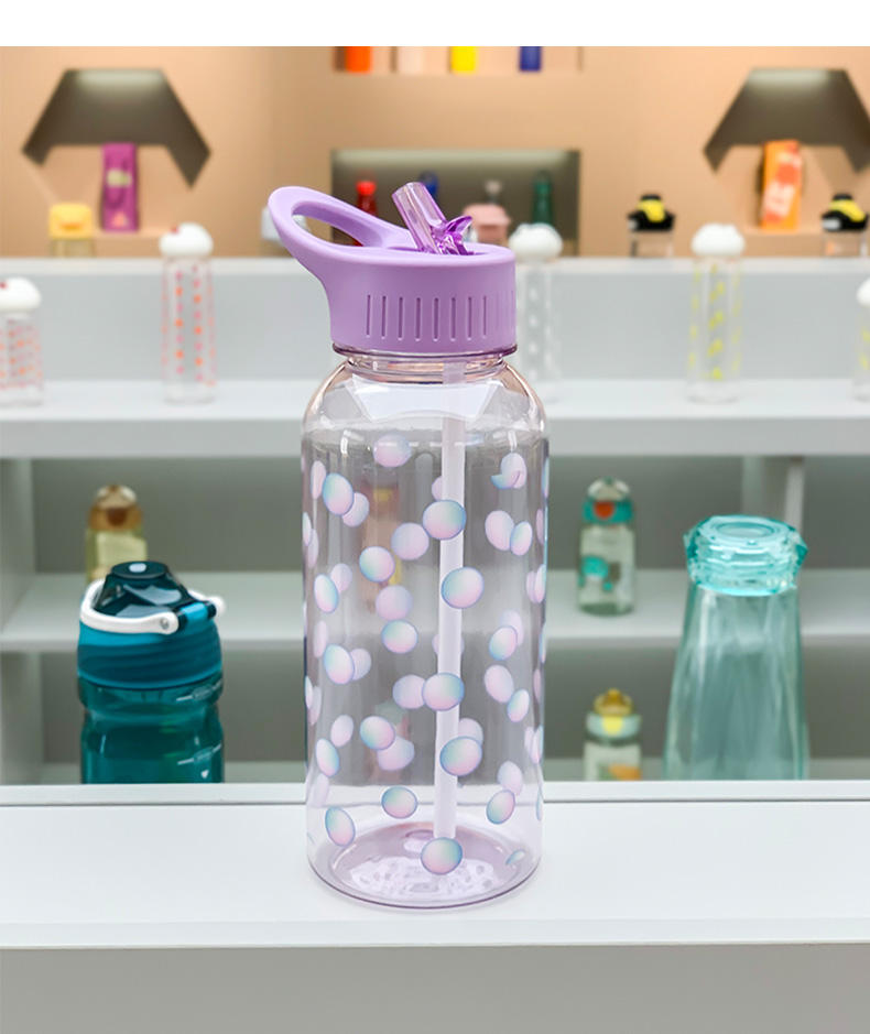 Cute 1000ml Plastic Water Bottle with Straw Cartoon Series Printing for Camping and Boiling Water