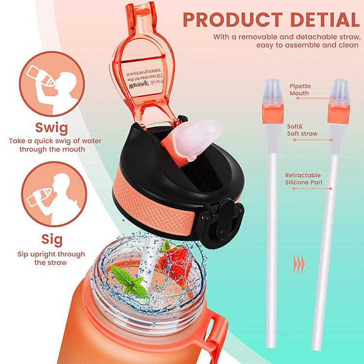Eco-Friendly Portable Sports Water Bottles Time Marker Plastic Drinkware with Straw