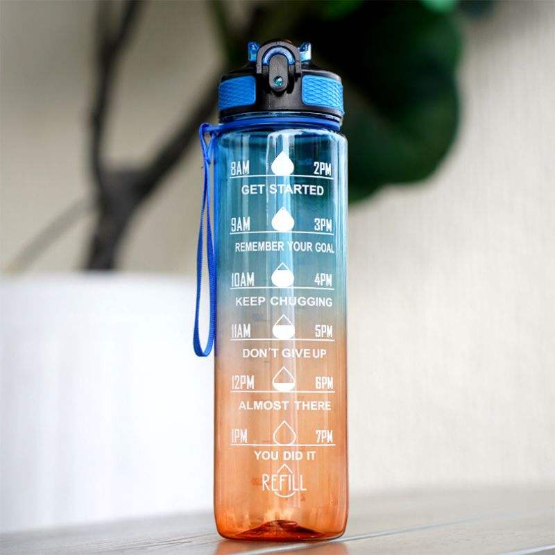 1000ml Gradient Plastic Water Bottle with Straw and Carry Rope for Camping and Boiling Water