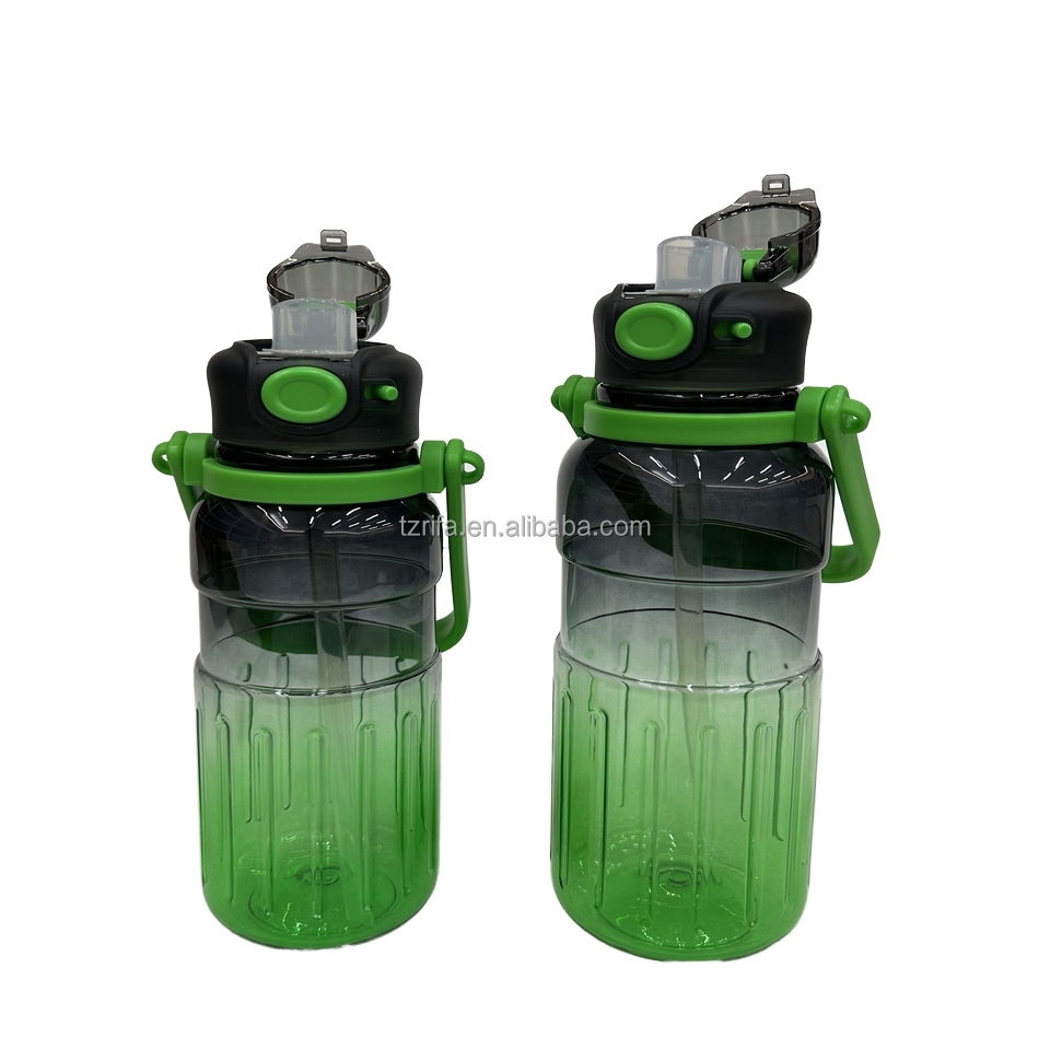 Cute 1000ml Frosted Gradient Water Bottle with Double Drink Handle and Plastic Straw for Outdoor Summer Sports and Camping