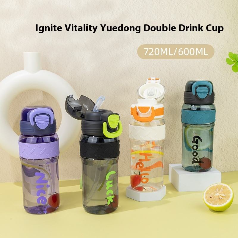 Large Capacity BPA-Free Plastic Water Bottle High Color Value Portable INS Custom Logo Double Straws for Camping Direct Sale