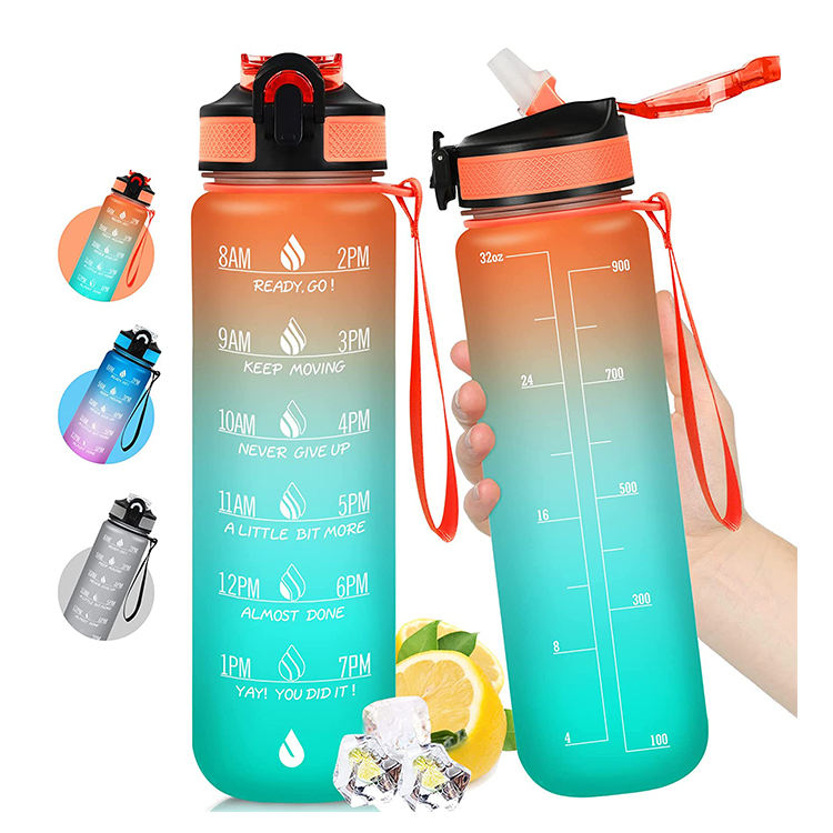 Eco-Friendly Portable Sports Water Bottles Time Marker Plastic Drinkware with Straw