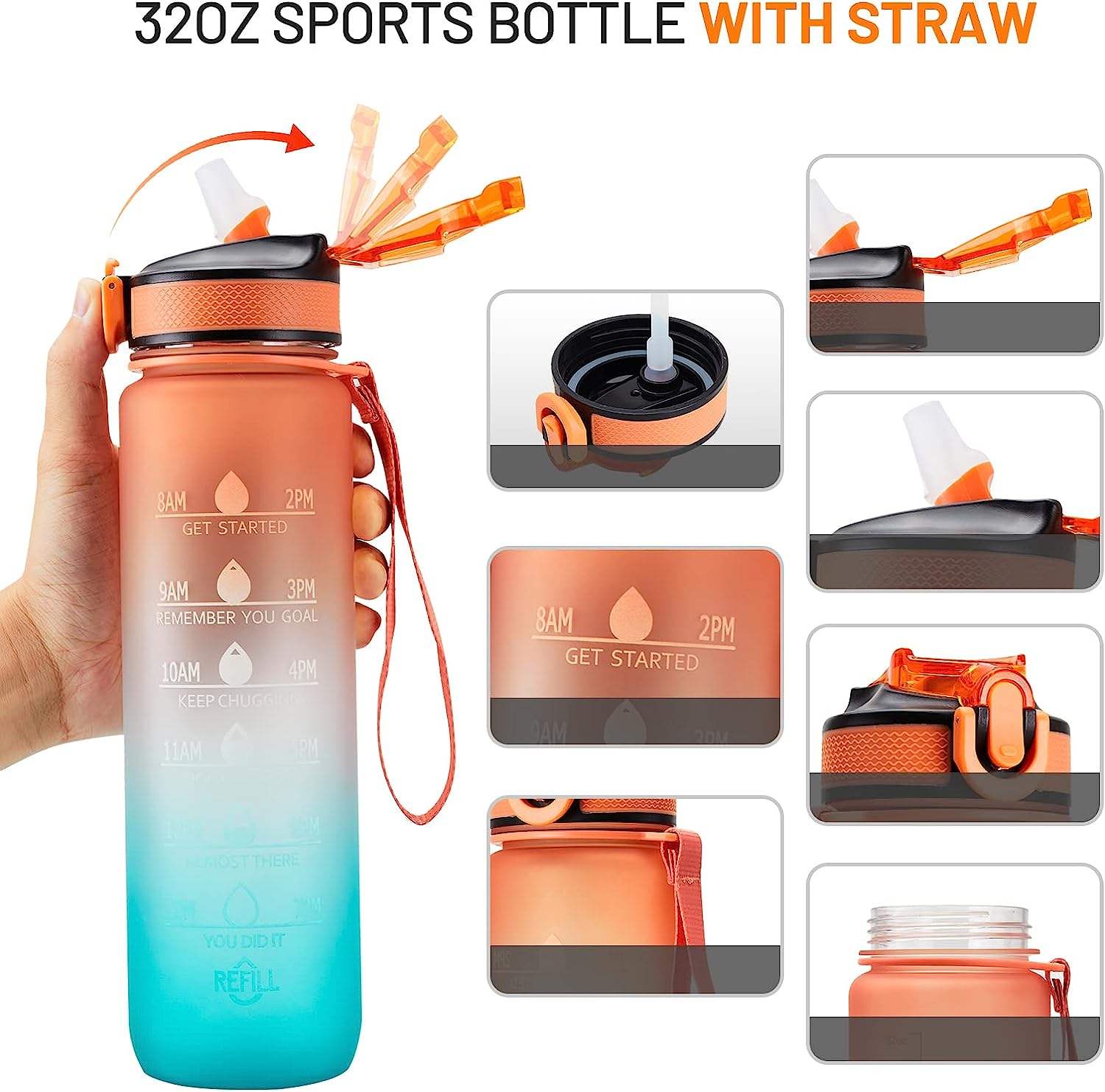 Eco-Friendly Portable Sports Water Bottles Time Marker Plastic Drinkware with Straw