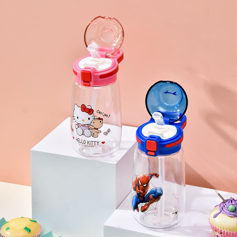 600ML BPA-Free Plastic Drinkware Flip Cover Water Bottle with Cartoon Printing and Straw Convenient and Stylish