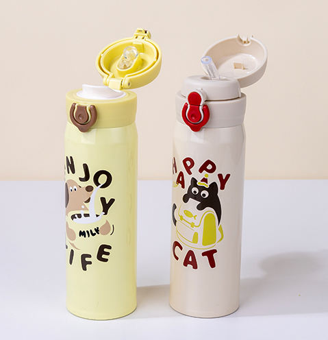 500ml OEM Custom Food Grade Stainless Steel Flask Cute Kid's Water Bottle with Push Button Vacuum Thermos