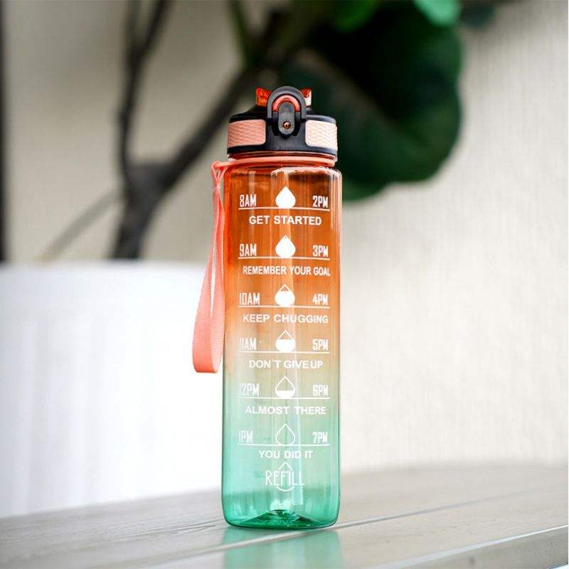 1000ml Gradient Plastic Water Bottle with Straw and Carry Rope for Camping and Boiling Water