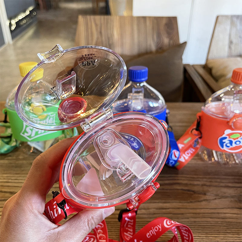 Kids Sports Straw Water Bottle with Flip Lid and Cola Top Same Shaped for Parties Plastic Sports Bottle