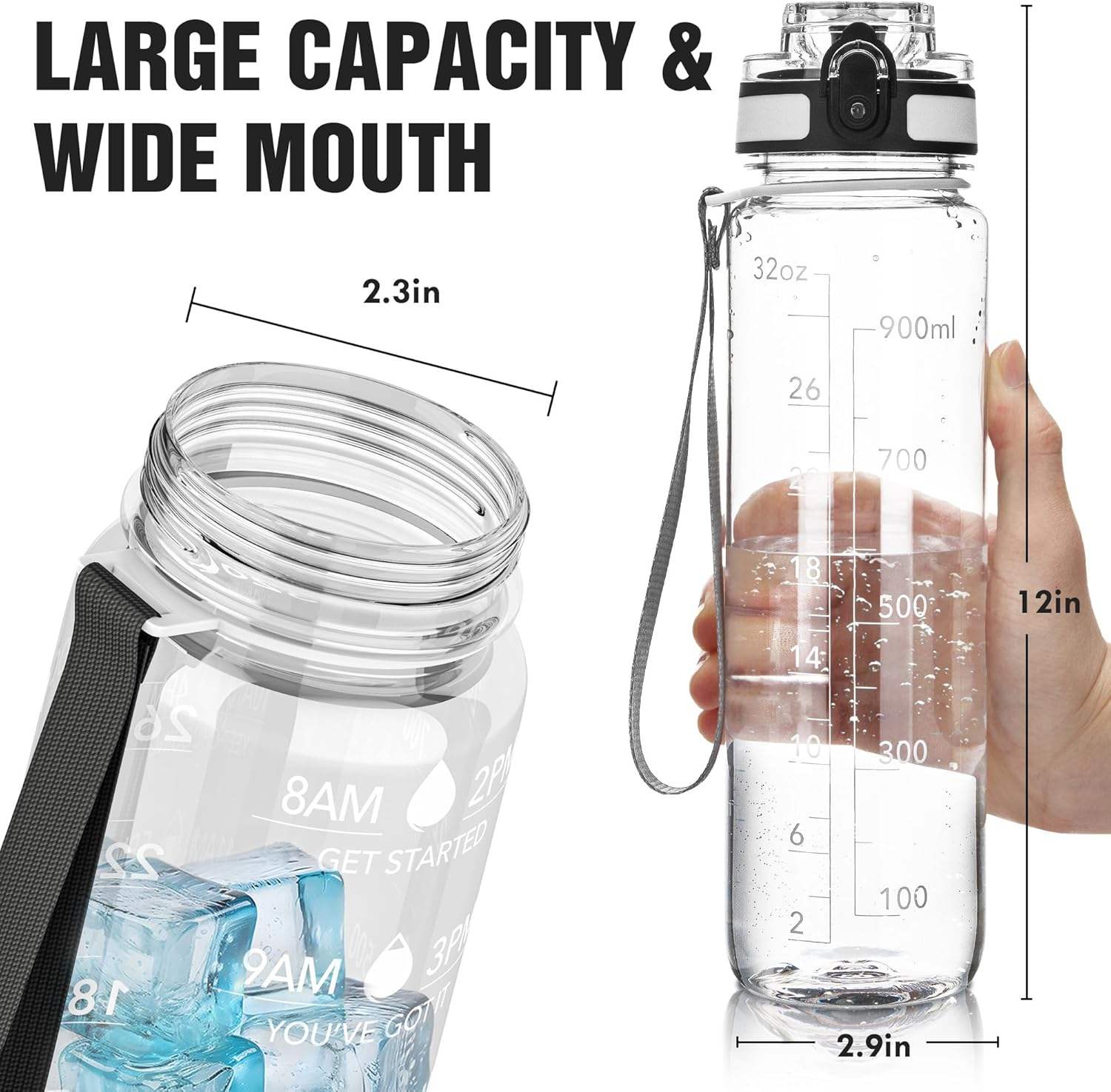 Tritan BPA-Free 32oz Motivational Sports Water Bottle Wide Mouth Leakproof Clear with Time Marker for Hydration on the Go