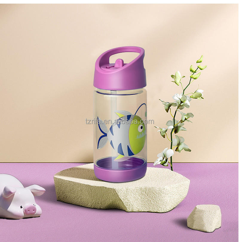12oz Eco-Friendly Tritan Kids Water Bottle Cartoon Wide Mouth Transparent Plastic with Straw and Handle for Camping
