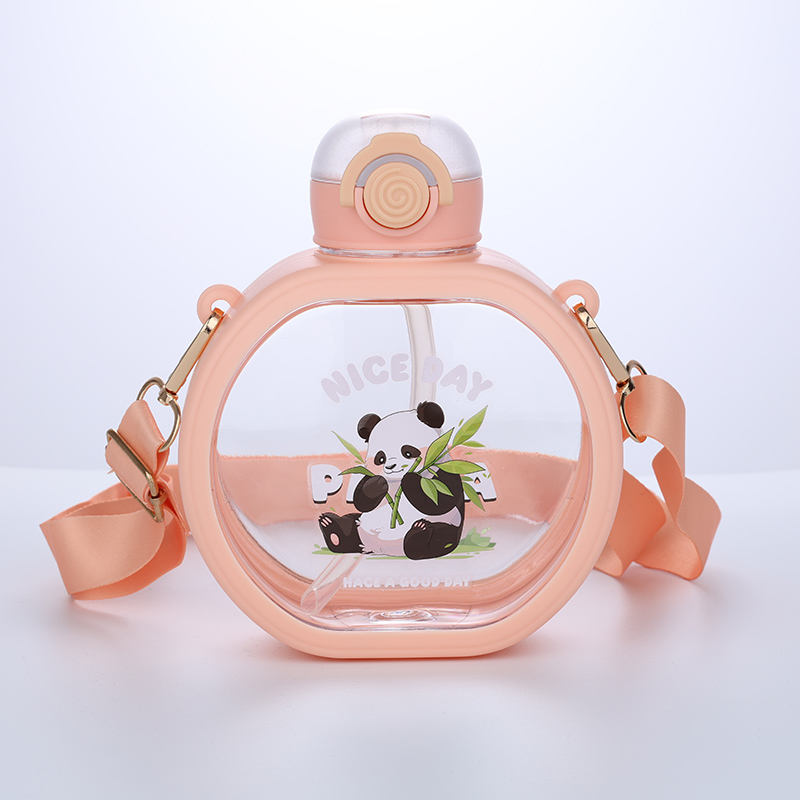 Cute 710ml Round Shape Girls Water Bottle with Straw BPA-Free Portable Flat Plastic Travelware for Children's Gifts