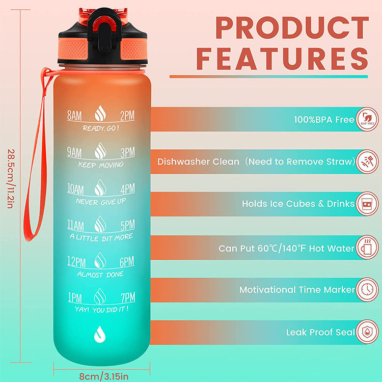 Eco-Friendly Portable Sports Water Bottles Time Marker Plastic Drinkware with Straw