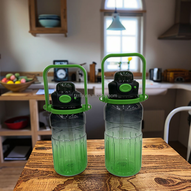 Cute 1000ml Frosted Gradient Water Bottle with Double Drink Handle and Plastic Straw for Outdoor Summer Sports and Camping