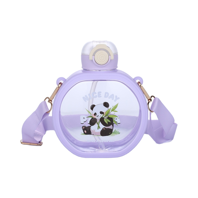 Cute Kid Crossbody Flat Plastic Water Bottles with Straw Children's Gifts for Girls