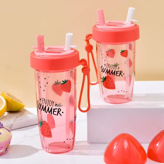 Best Selling BPA Free Dual Drink Bottle Portable Two-Compartment Plastic Cup with Double Straw for Water on the Go