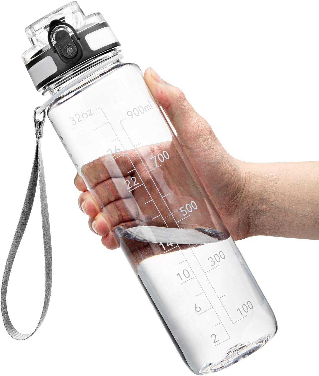 32OZ Clear Reusable Plastic Water Bottle with Measurements for Running Gym Hiking Other Outdoor Activities