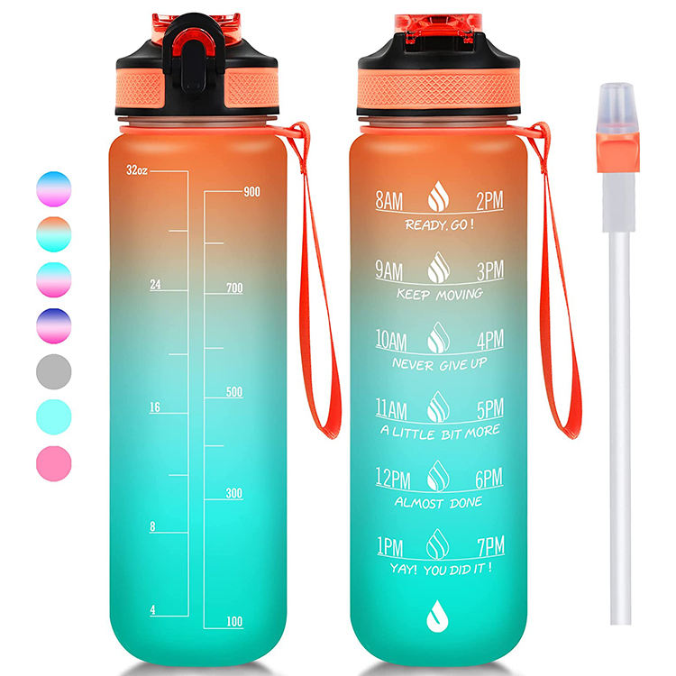 Eco-Friendly Portable Sports Water Bottles Time Marker Plastic Drinkware with Straw