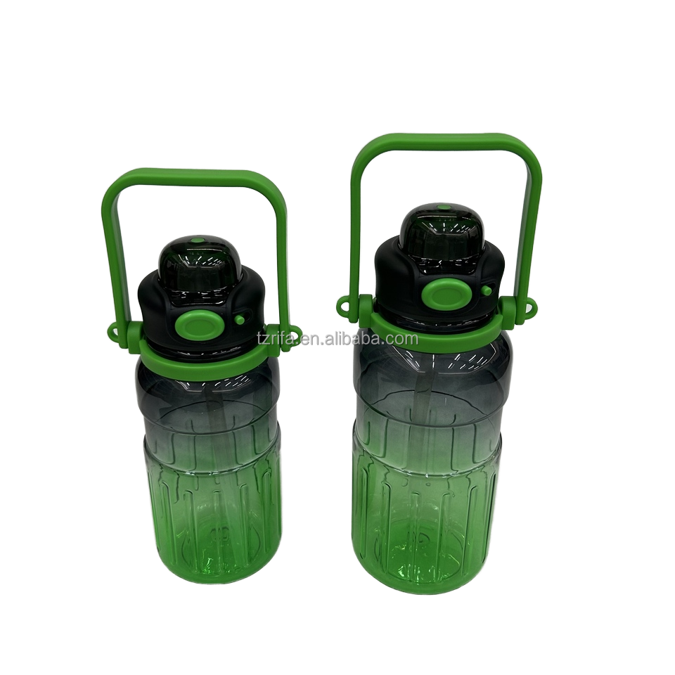 Cute 1000ml Frosted Gradient Water Bottle with Double Drink Handle and Plastic Straw for Outdoor Summer Sports and Camping