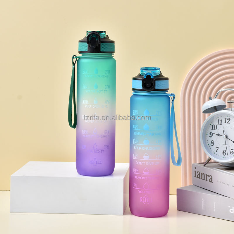 High Quality 1000ml Leakproof Gradient Color Gym Fitness Sports Plastic Water Bottle With Time Marker